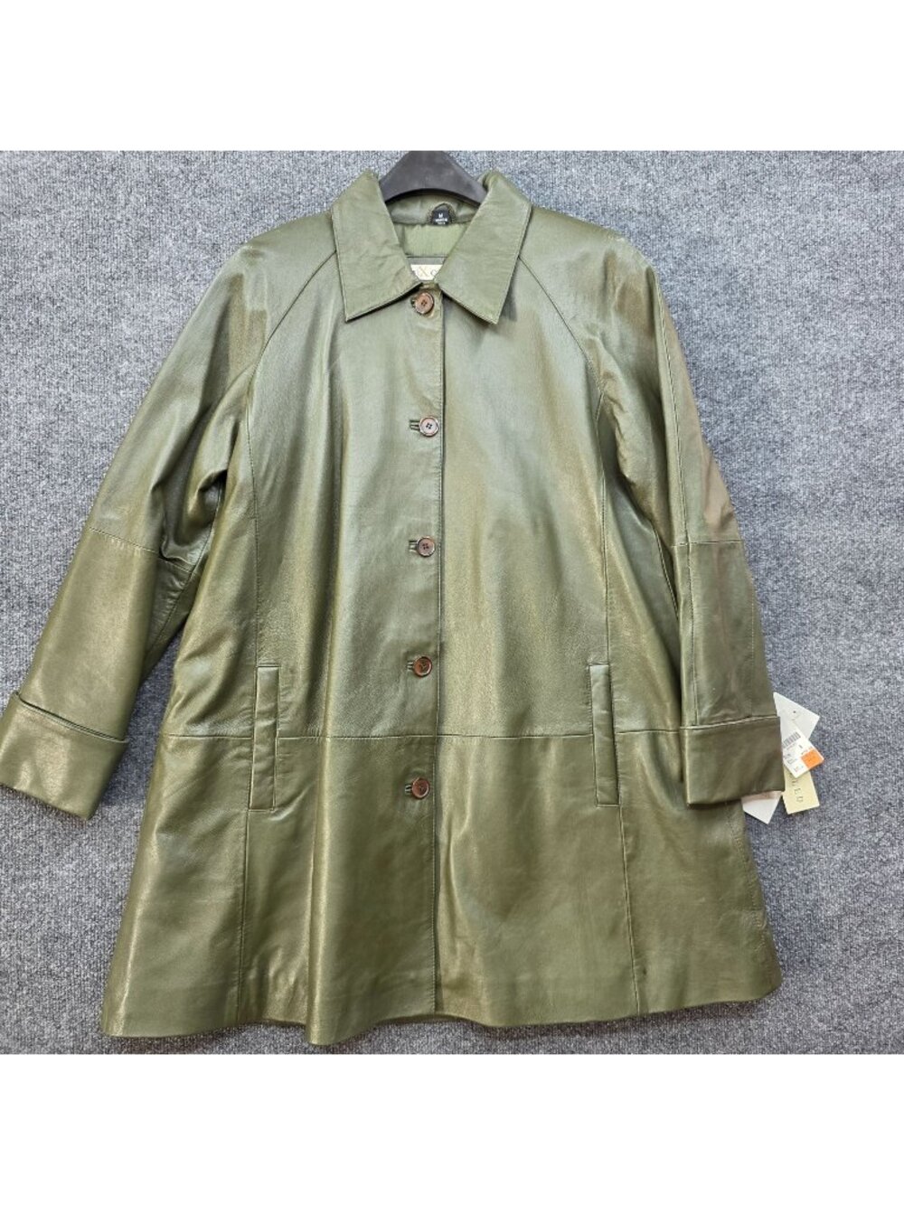 Vintage Y2K Excelled M Sage Green Leather Coat Long A-Line Mod Minimalist NEW